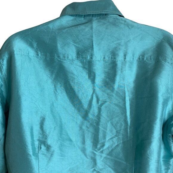 Debra DeRoo Silk Blouse Long Sleeve Button-Up Taffeta Ruffle Placket Turquoise M - Picture 3 of 10